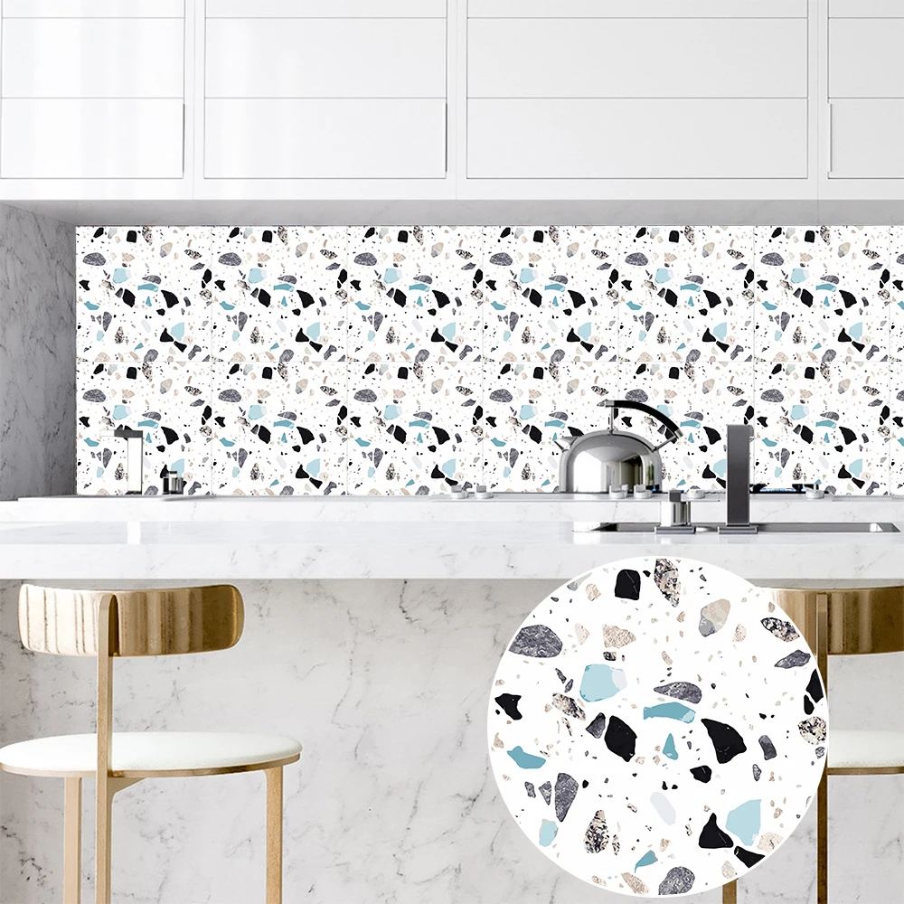 10pcs Marble Terrazzo Tiles Sticker Kitchen Backsplash Oil-proof Cupboard Washbasin Peel & Stick Waterproof Art Wall Decals