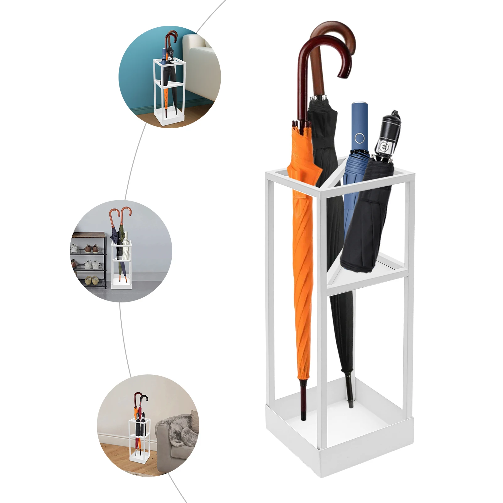 White Umbrella Rack(7.87x7.87x20.87in)—Iron(Welding/Spraying,Anti-Rust), 2-Tier Storage(Triangle Shelf), Drip Tray, No Assembly