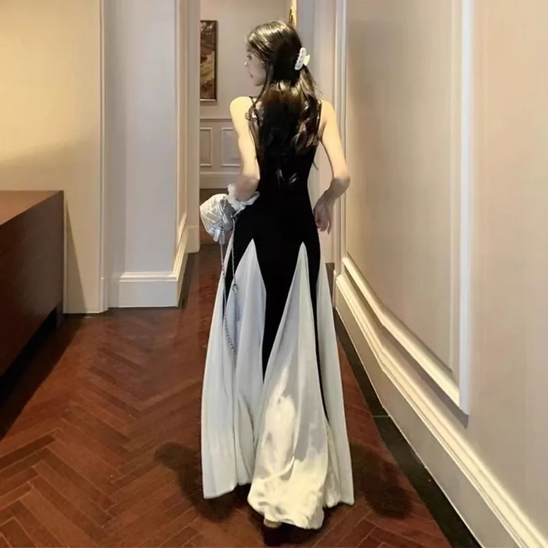 Dames zomerontwerp gevoel taille a-woord rok grote slinger vloer lange jurk Franse contrasterende kleur splitsen jarreteljurk