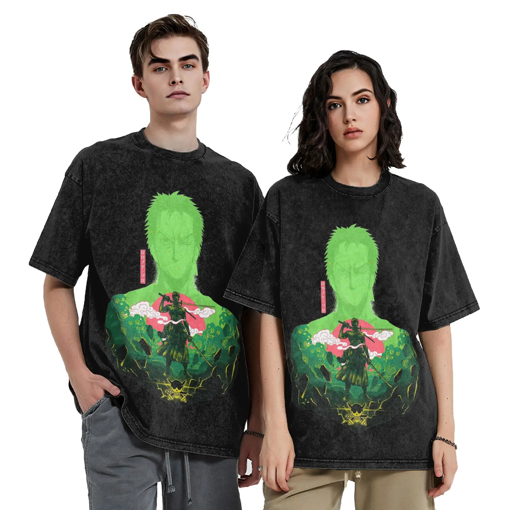 Washed T Shirts Ones Pieces Roronoa Zoro T-Shirt Harajuku  Streetwear Short Sleeve Graphic Printed Tops Tees Men Women