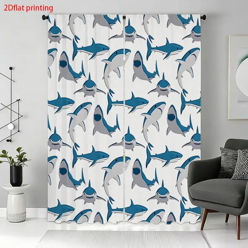2pcs Shark Print Curtains Blue Shark Pattern Modern Beach Nautical Waterproof Bathroom Bedroom Window Drapes House Decor Curtain