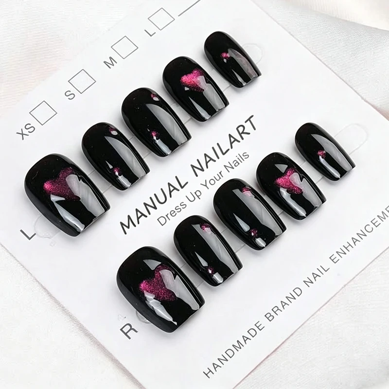 Women\'s Solid Cute Nail Art Pure Handmade 3D Love Shape Detachable Short Style Press On Nails Light Nail Cat Eye Patch