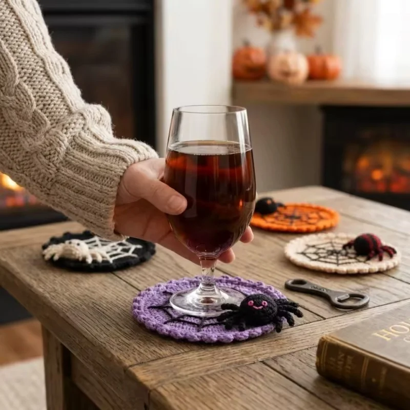 Spooky Gothic Table Mat 4pcs Handmade Crochet Halloween Spider Web Coaster Heat Resistant Drink Mat Coffee Tea Cups Table Decor