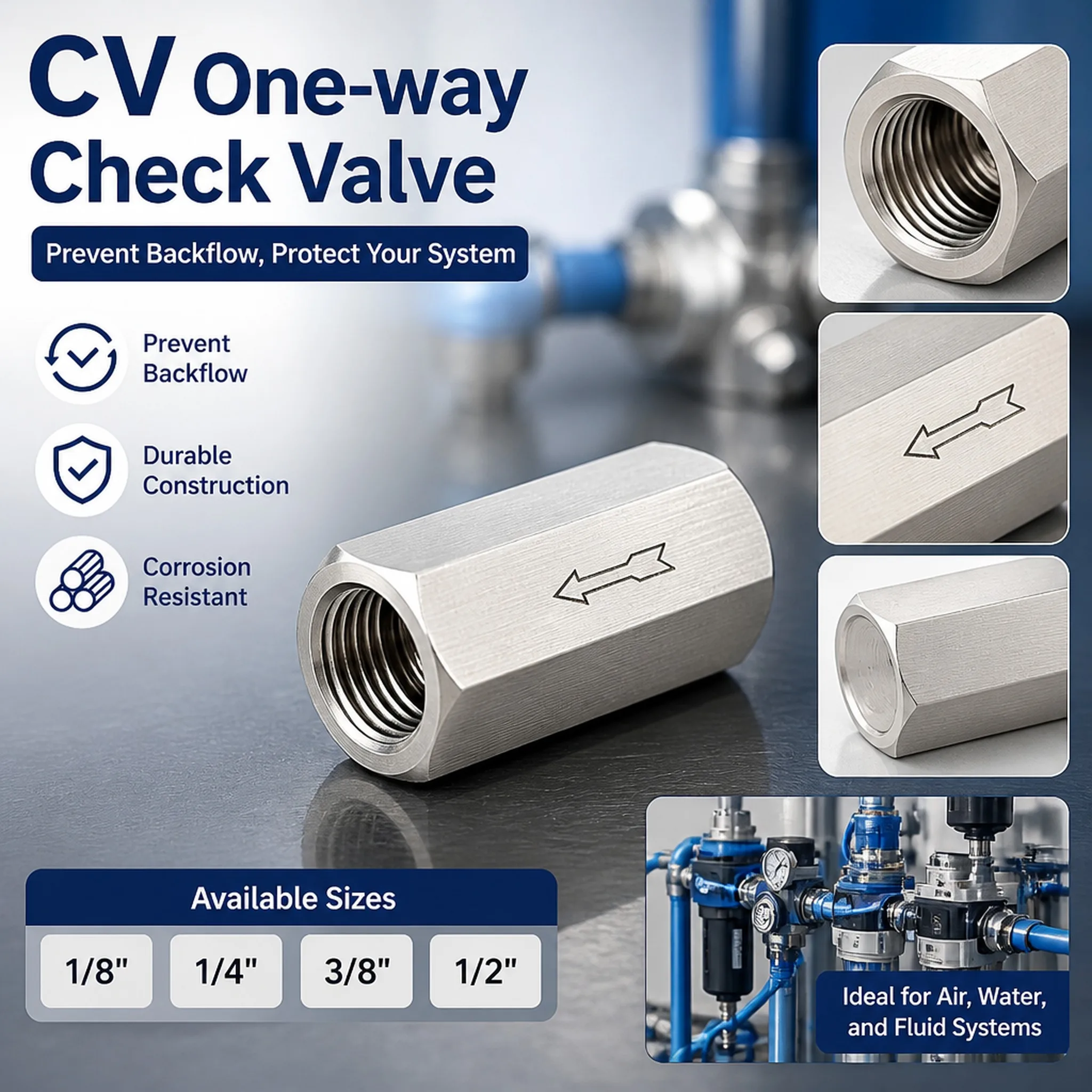 304 Stainless Steel Check Valve 1/8 1/4 3/8 1/2 Female BSP NPT One Way Non Return Inline CV Valve for Air Water Oil Fluid 1PCS