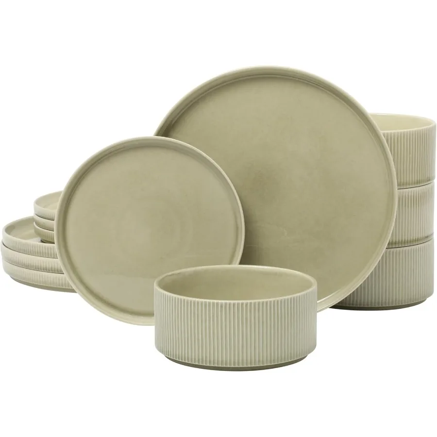 

Modern 12Piece Stoneware Reactive Glaze Dinnerware Set with Embossed Design for 4 People Ideal for Contemporary Dining Rooms an