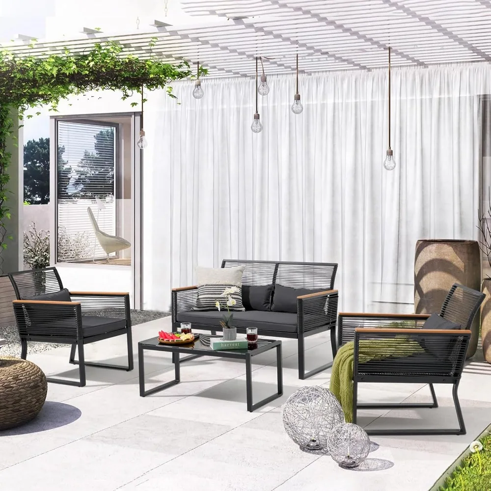 

4 Piece Patio Furniture Set, Outdoor Wicker Bistro Set,Wood-Like Armrest, All-Weather Black PE Rattan Conversation Set
