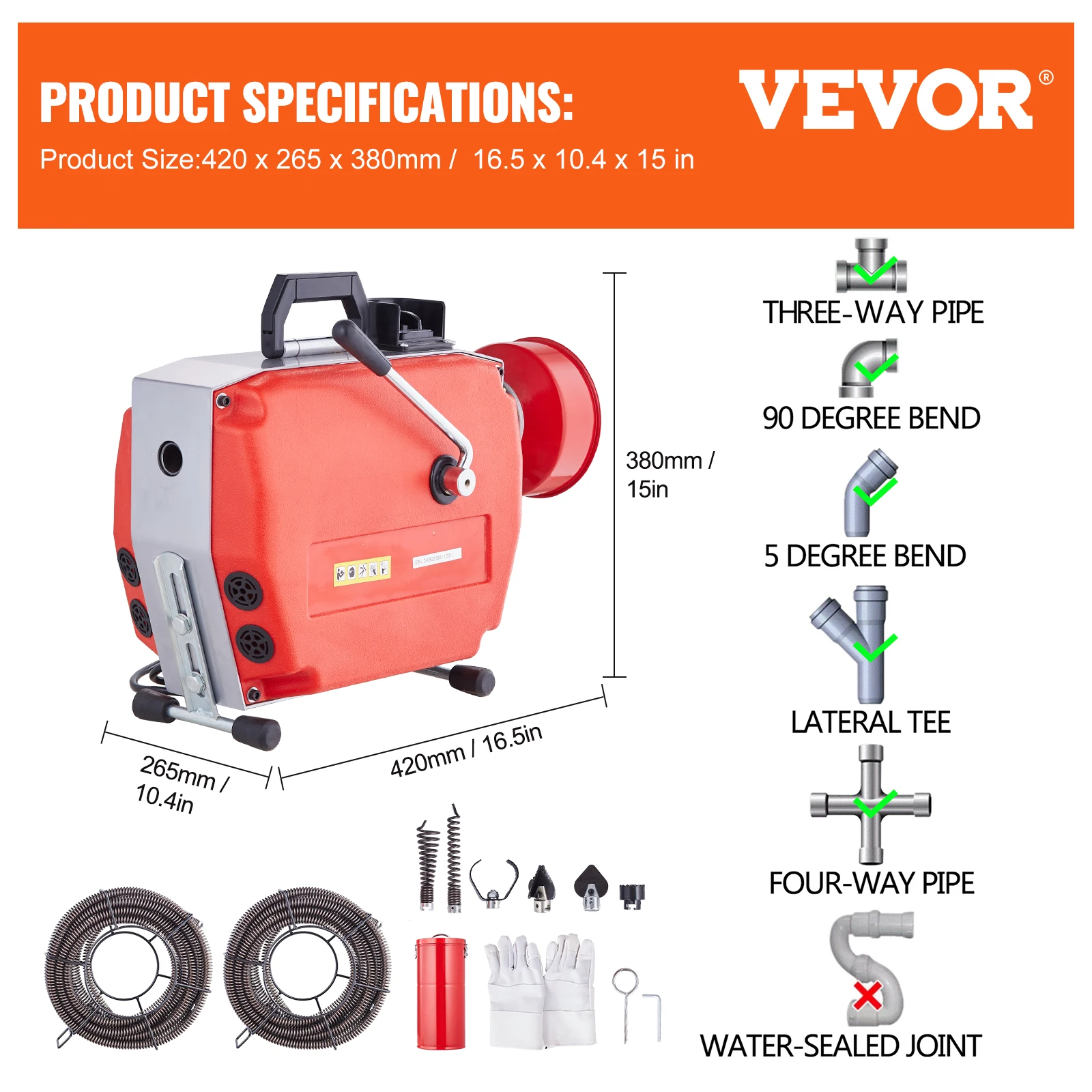 SucceBuy Afvoerreiniger Machine 250 W Elektrische Riool Slang Vijzel Handmatige Feed met 7 Snijders 2 Stalen Kabels CW/CCW Controle voor Thuis