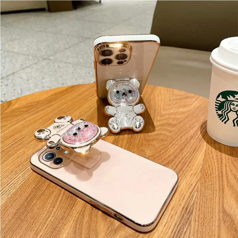 Cute Quicksand Bear Holder Plating Phone Case For Xiaomi Mi 12T 11T 12 13 10 11 Lite Mi13 13 Pro 13Lite 5G 8 9 9T Stand Cover