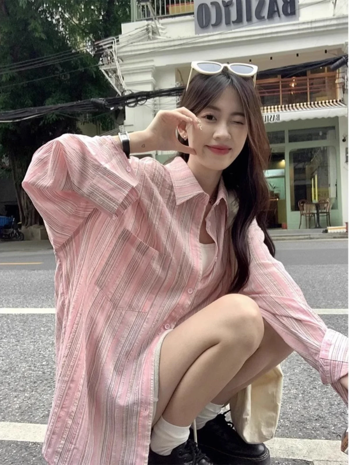 Chaqueta tipo csa hoada a rayas rosas para mujer, cárdigan abierto de talla ande, cómodo y transpirable, protección so...