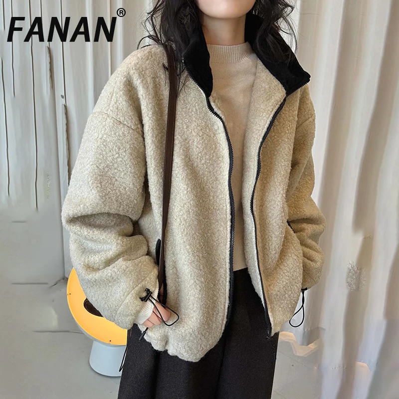 

FANAN Thick Warm Contrast Color Lamb's Wool Coats For Women Stand Neck Long Sleeve Korean Style Outwear Female Winter New