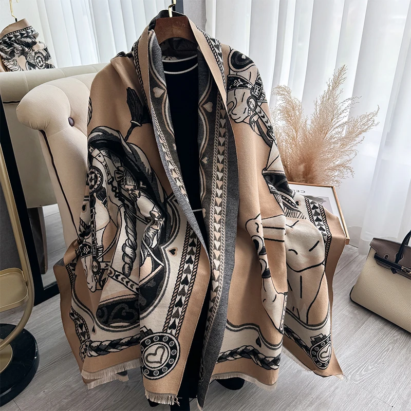 Luxury Warm Poncho Cashmere Winter Women Scarf Horse Print Shawl Wraps Female Thick Pashmina Blanket Bufanda Travel Echarpe 2024