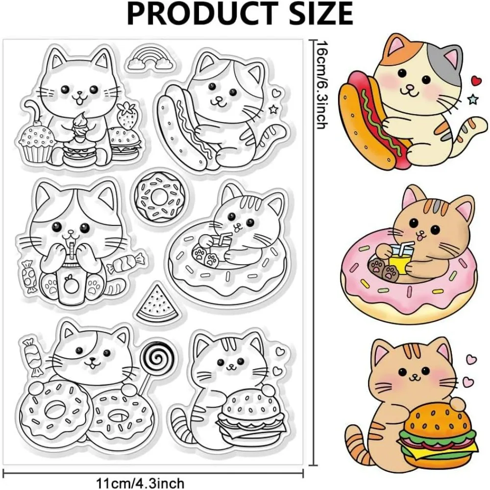 Cat Clear Stamps Hamburger Donuts Stamp for Crafts Transparent Silicone Stamps Kitten Silicone Stamps for Card Making