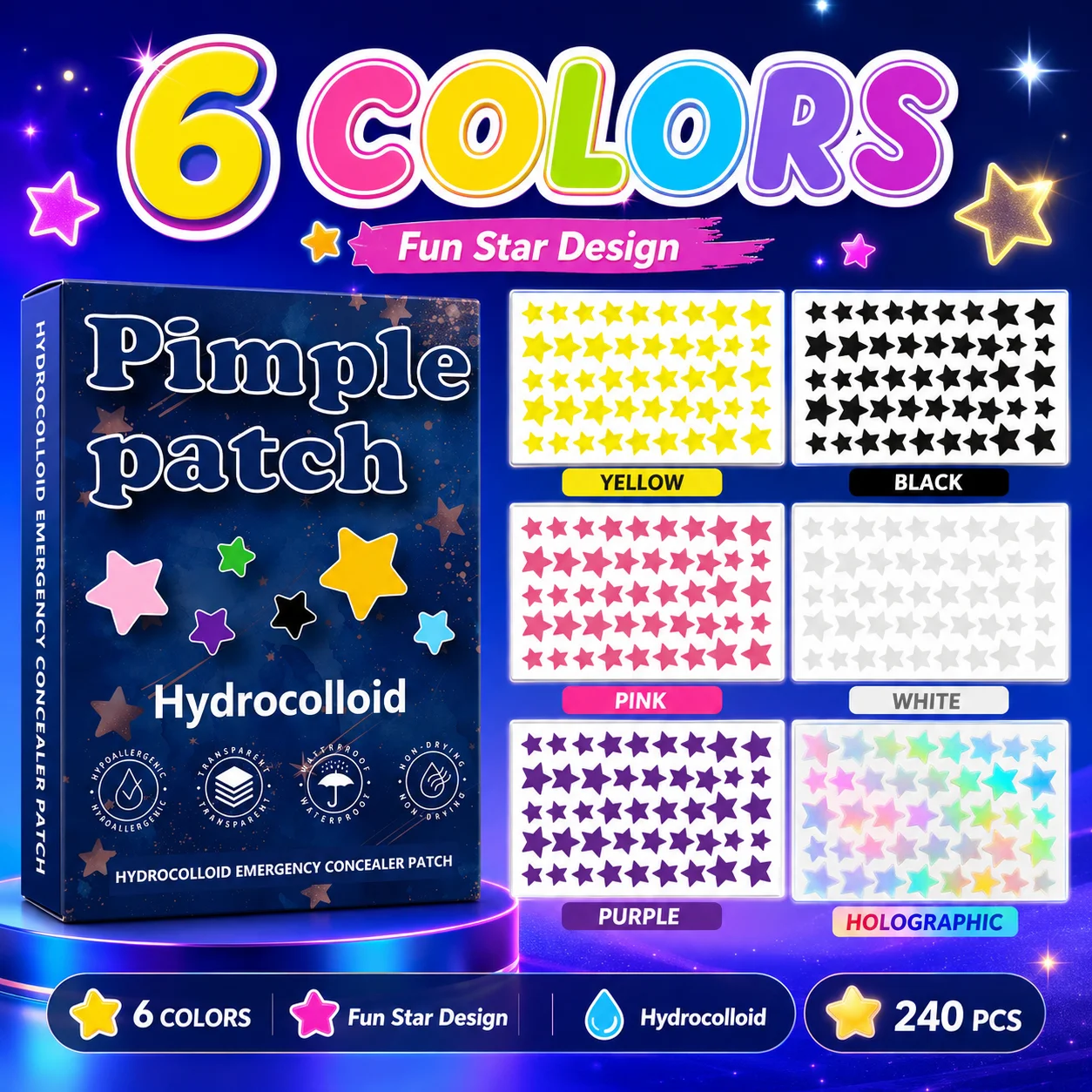 240PCS Star Pimple Patches For Face Hydrocolloid, Absorbing Cover, Tea Tree, Hydrocolloid Acne Patch, Cute Star Pimple Patch