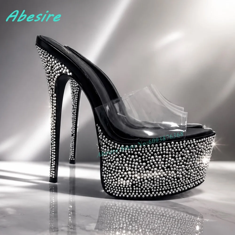 

Rhinestone Patchwork Open-Toe Platform Slippers Stiletto Heel Clear Pvc Strap Slip-On Shoes for Women Elegant Party Y2K Shoes