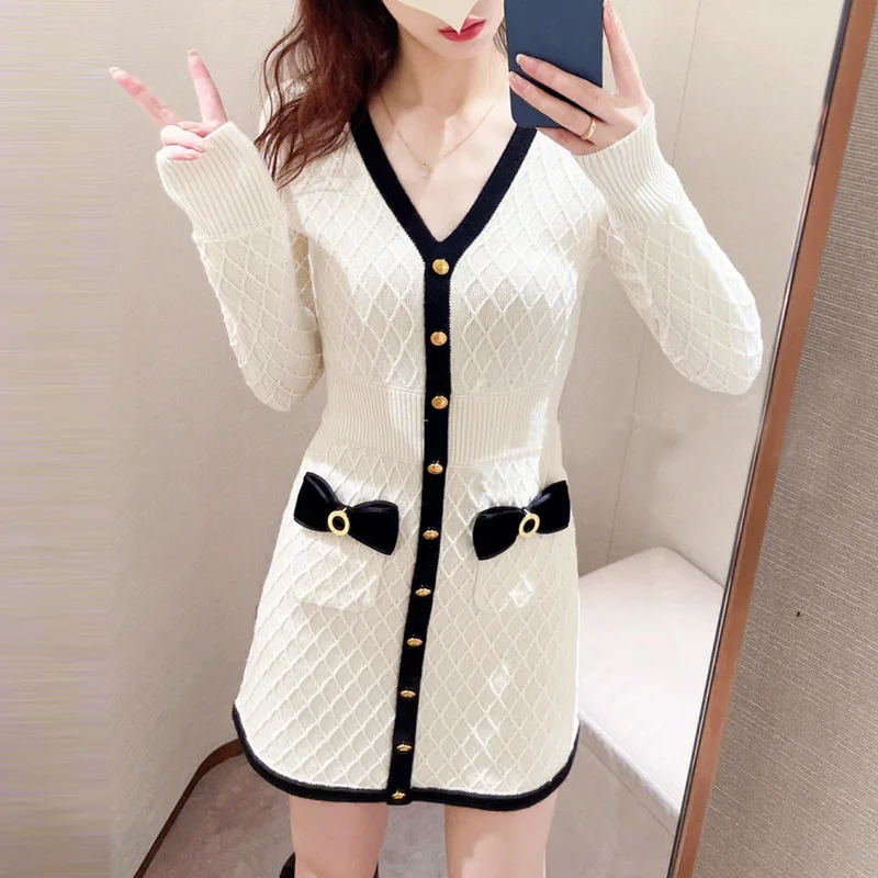 Spring Autumn New Rhombus V-neck Single Breasted Age-Reducing Mid-length Dress Bow Sweet Long Sleeve Knitted Sheath Dress