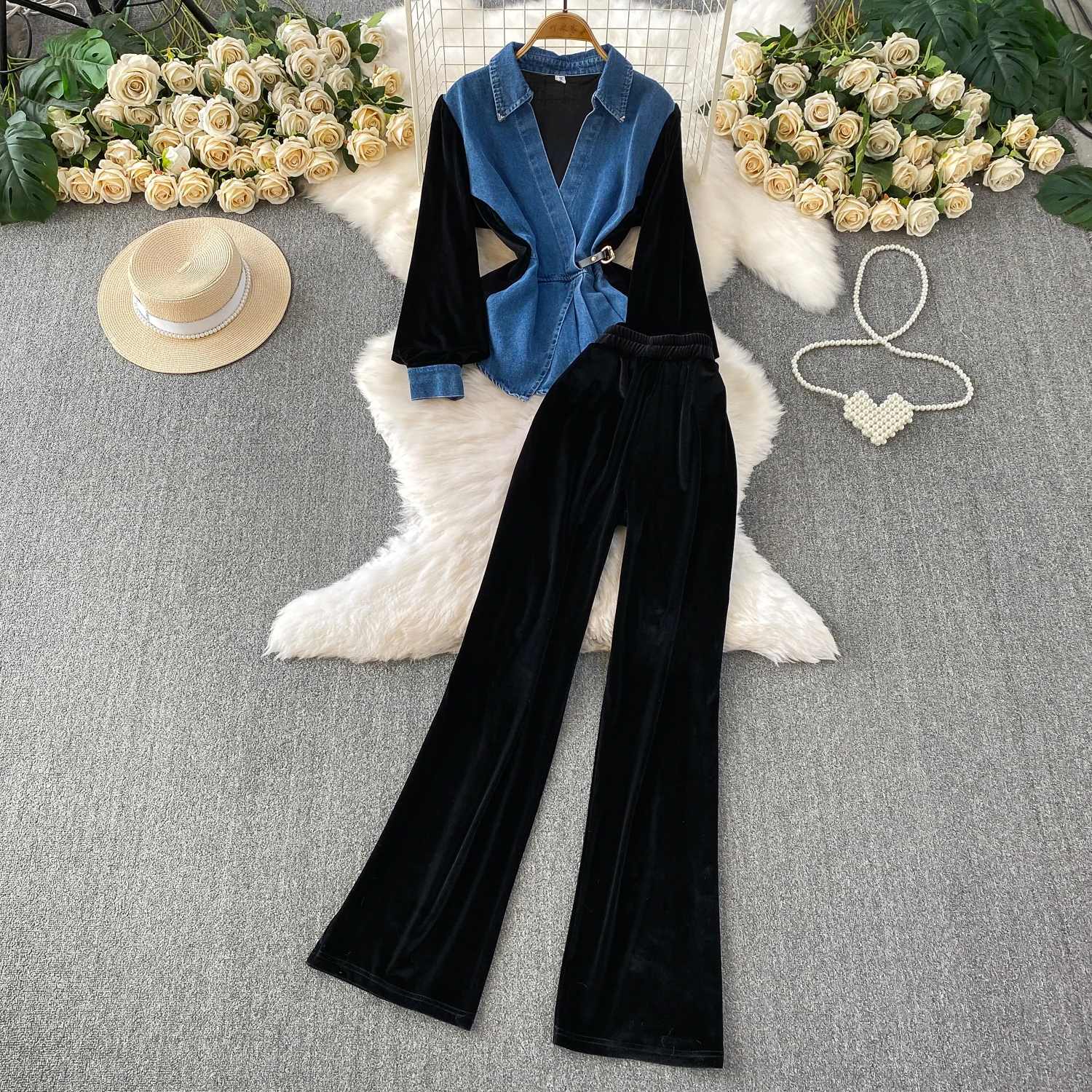 Herfst denim splitsen 2-delige set V-hals patchwork shirt fluwelen wijde pijpen broek sets Amerikaanse mode dames bijpassende kleding