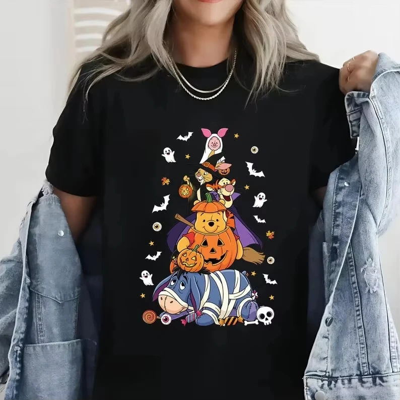 2026 Neues Retro-T-Shirt mit Winnie Puuh-Motiv für Halloween – Winnie Puuh und seine Freunde mit einem Kürbismuster für Halloween – Detail 5
