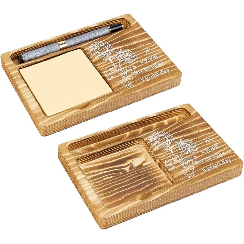 2 Pack Wooden Sticky Note Holder Note Storage Pen Holder Cute Flower Printed Sticky Note Organizer Desk Accessories for Office