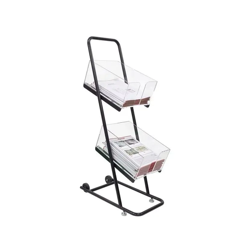 High Quality Customizable Movable 2 Tier Floor to Ceiling Metal Newspaper Magazine Display Rack
