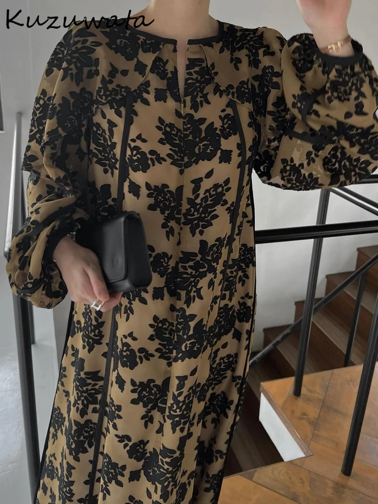 Kuzuwata O Neck Long Sleeve Elegant Dresses A-line Pullover Print Mid-length Casual Vestidos Japan Moda Stretch Waist Femme Robe