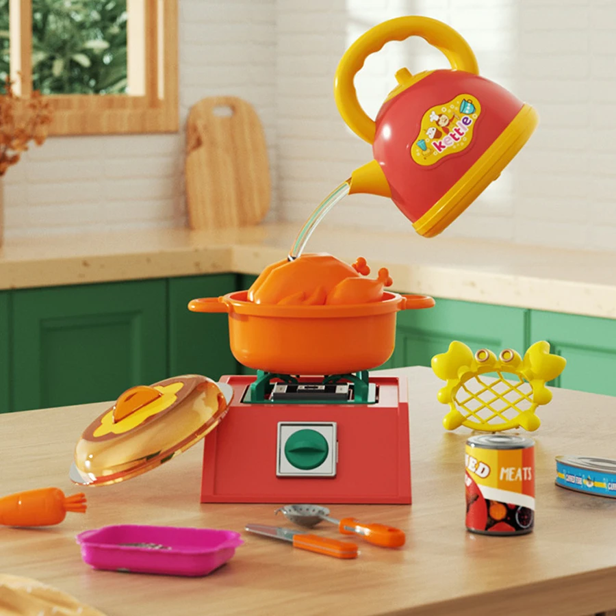 أطقم إكسسوارات المطبخ للأطفال محاكاة تأثير الصوت لعب الأدوار لعبة طفل مجموعة أواني الطبخ، قطع أطباق الطعام هدية