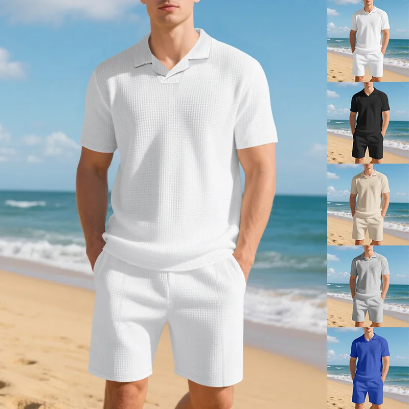 

Summer Short-sleeved Shorts Set Burke Collar Waffle Polo Shirt & Casual Shorts Set Men Summer Solid Color