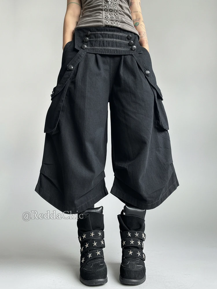 REDDACHiC Goth Royal Women Capri Cargo Pants Vintage Button Low Waist Pleated Baggy Bermuda Shorts Alternative Summer Clothes