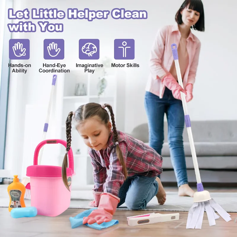 Kids Cleaning Set Housework Supplies Kit Play House Toys with Dustpan Broom Bucket Mop Cleaning Set for Girls & Boys Clean Tool