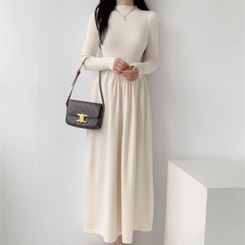 2026 Women's Autumn Winter New High-grade Knit Dress Slim Matching Coat Simple Bottoming Swing Waist Sweater French Long Skirt
