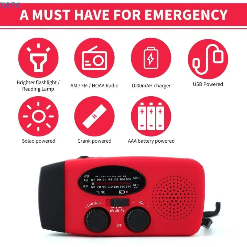 Radio emergenza multifunzione K9FC con ricarica a energia solare a manovella 2000mAh