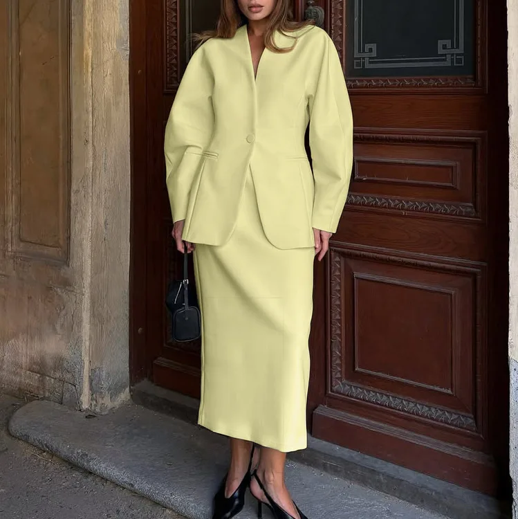 2026 Fashion Loose Blue Office Two Piece Outfits Woman Elegant Long Sleeve Blazer With High Waist Long Skirt Set Female