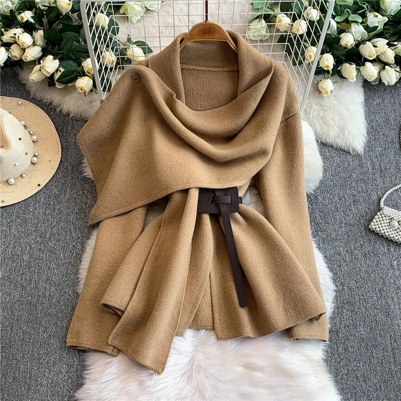 

2025 Fall Winter Women Shawl Scarf Belted Knitted Coat Black Grey Beige Khaki Loose Cloak Cape Elegant Swing Collar Thick Jacket