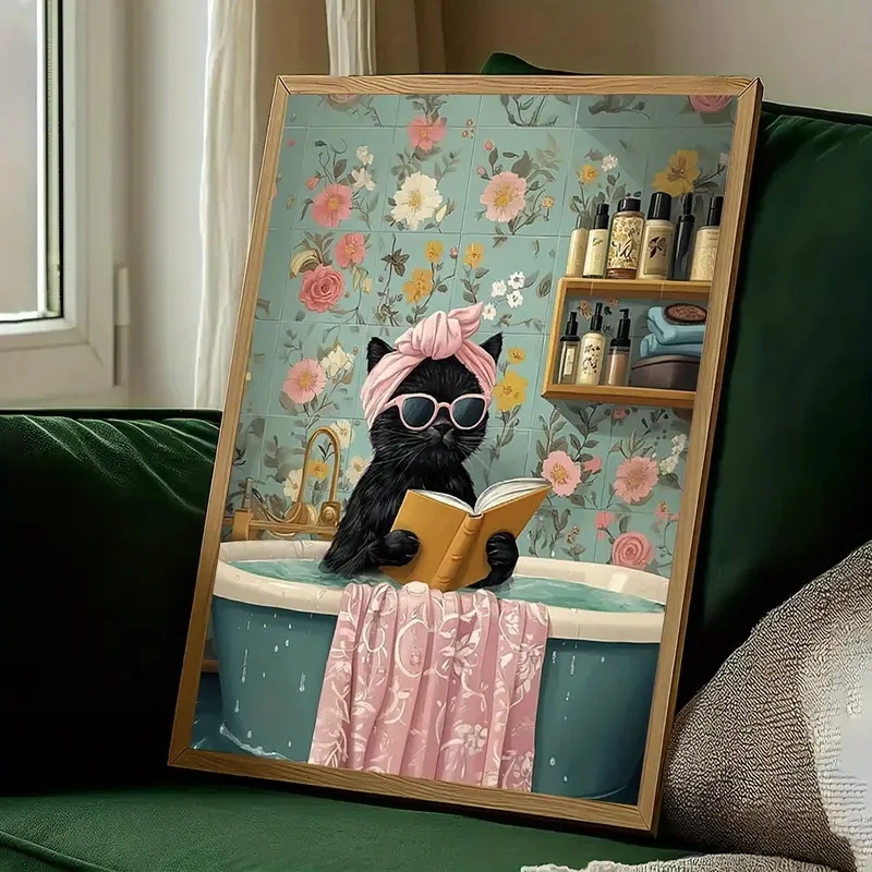

1pcsFun Flower Bath Cat Canvas Poster, Retro Modern Simple Style Bathtub Decoration, Living Room, Bathroom, Office and Home Deco