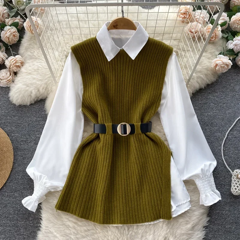 Women Outfits Loose Shirt Turndown Collar Long Sleeve Top Sashes Slit Knit Vest Two Piece Set Female Blouse 2024 Casual Suit