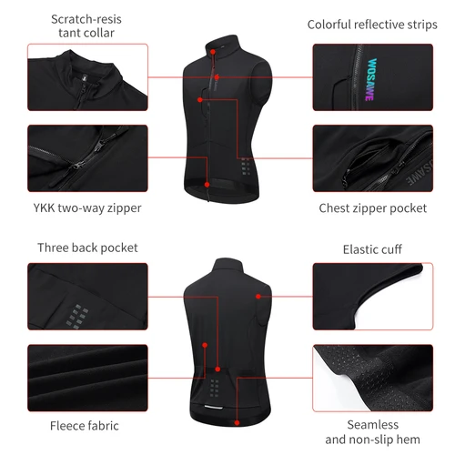 Imagen 2 del producto WOSAWE Chaleco térmico de ciclismo de invierno Chaqueta de bicicleta a prueba de viento Cortavientos sin mangas Bolsillos traseros para hombres y mujeres