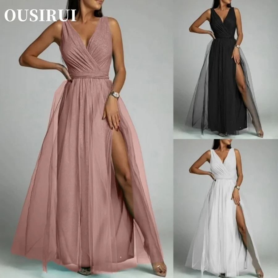 Sexy Sleeveless Folds Maxi Birthday Dress V Neck Tunic Bandage Party Evening Dress New 2024 Women's Elegant Lace Mesh Robe Dres