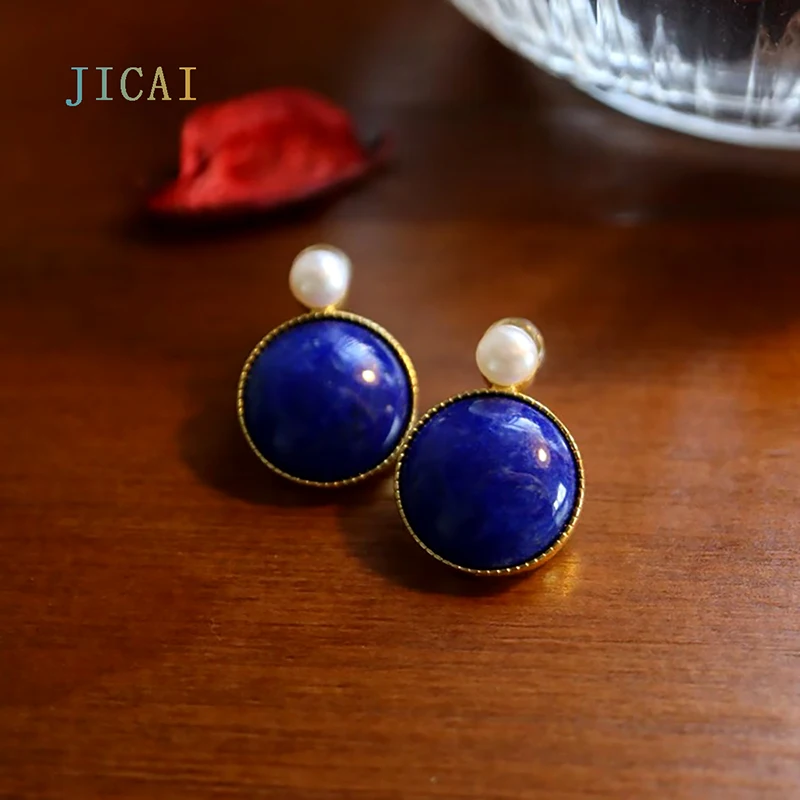 

JICAI S925 Sterling Silver Natural Lapis Lazuli Stud Natural Pearl Earrings Gold-Plated Luxury Jewelry Noble Temperament Women's