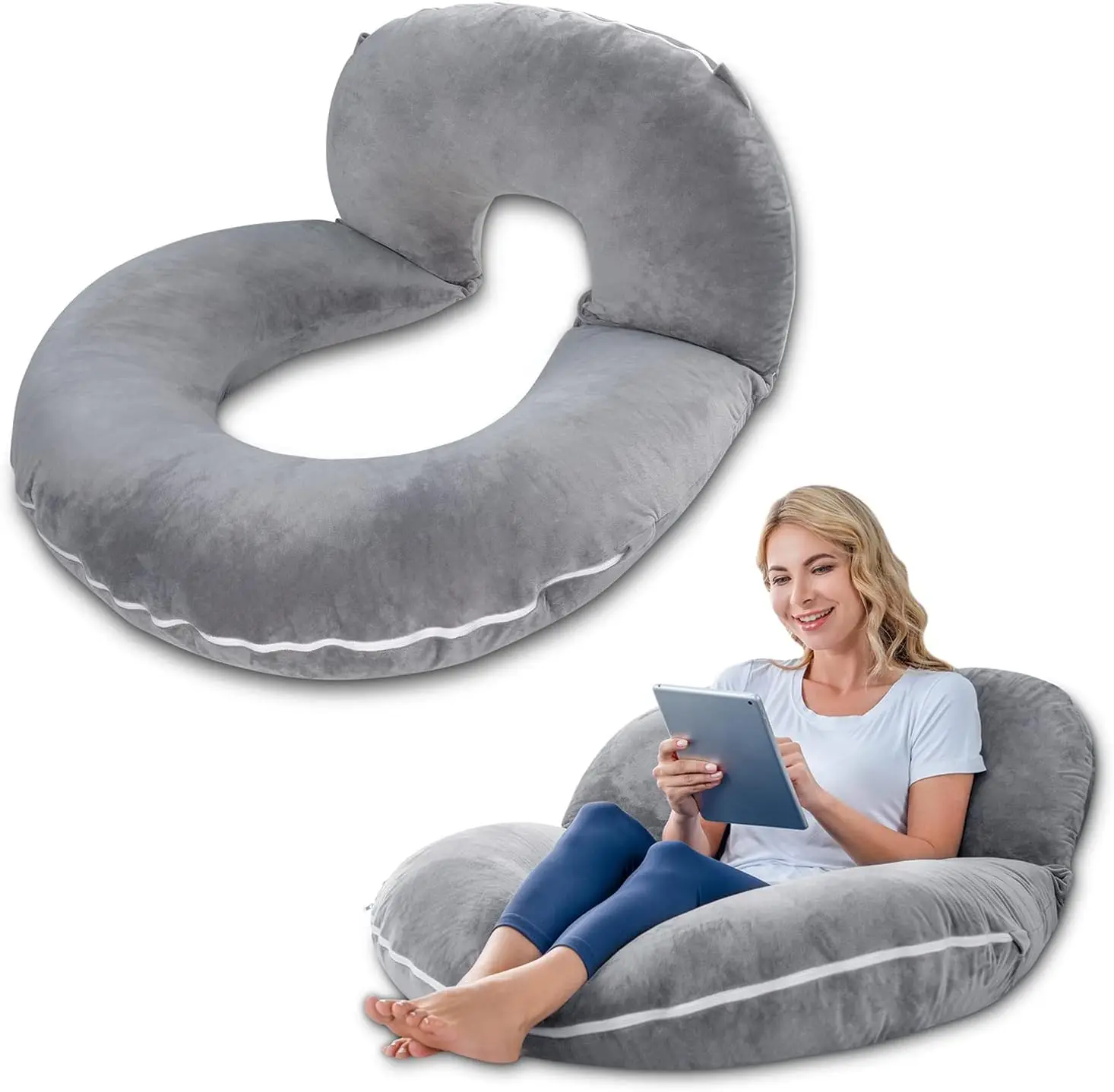Adjustable Reading Pillow for Bed and Couch, Multi-Functional Support for Adults in Grey