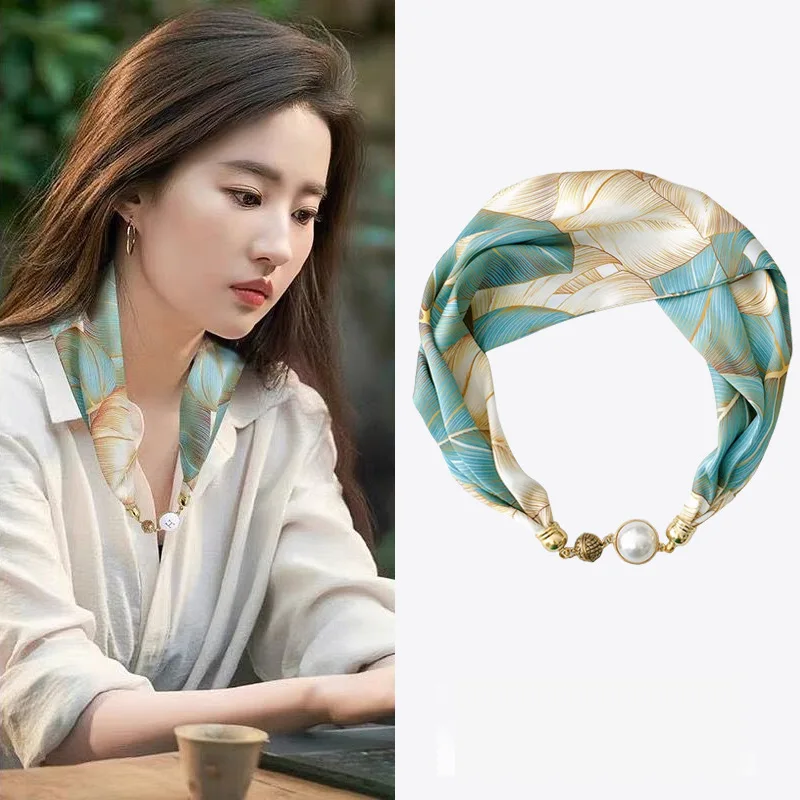 

Small silk scarf new pearl magnetic buckle simple long necklace women decorated small scarf spring and autumn everything scarf