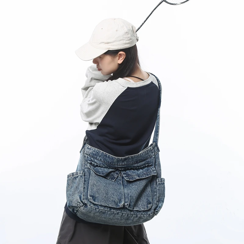 

Large Denim Women's Bag Vintage Shoulder Cross Bag Jeans Messenger Bag Y2K Eco Bag Korean Shopper Cowboy Handbag Canvas Pocket