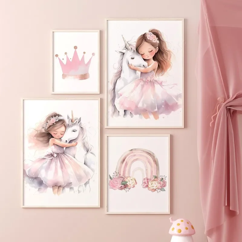 

Pink Princess Rainbow Unicorn Castle Crown Custom Name Wall Art Canvas Painting Poster ＆ Print Pictures For Girl Kids Room Decor