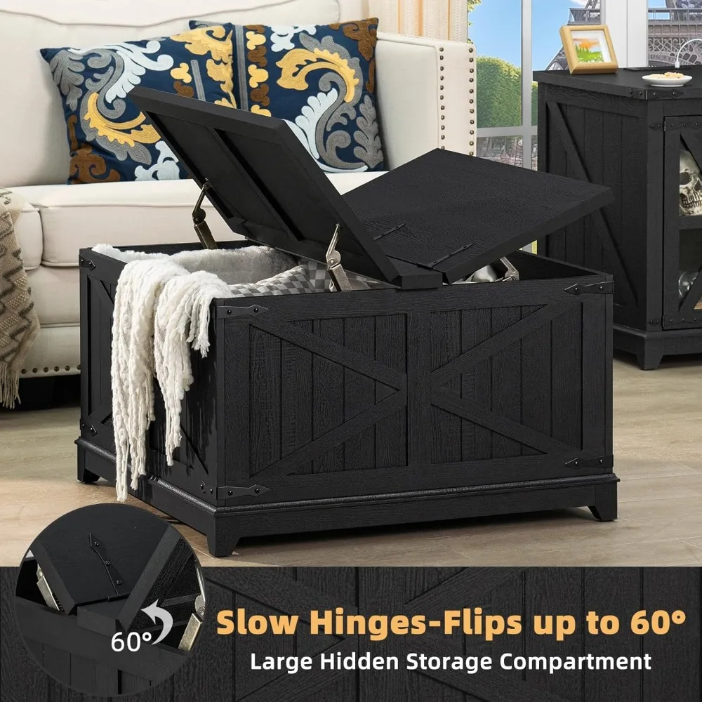 Large Modern Farmhouse Coffee Table with Hidden Storage, Black Square Centerpiece for Living Room, Low Wood Design with Organize