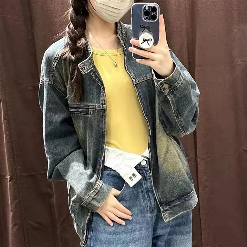 Pop 2025 Spring And Autumn New Denim Jacket For Female Students Korean Edition Loose Retro Fashion Round Neck Autumn Jean Coat T