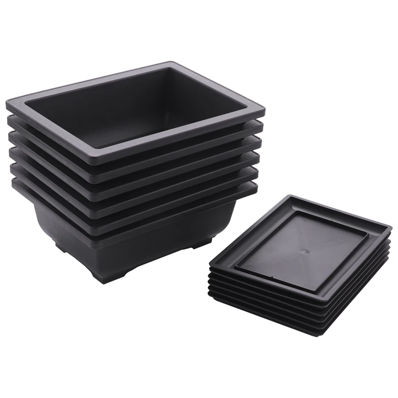 A21I-6-Piece Bonsai Pots-Classic Deep Wet Tray With Built-In Mesh-For Plants, Flowers, Herbs, Plastic Square Pots