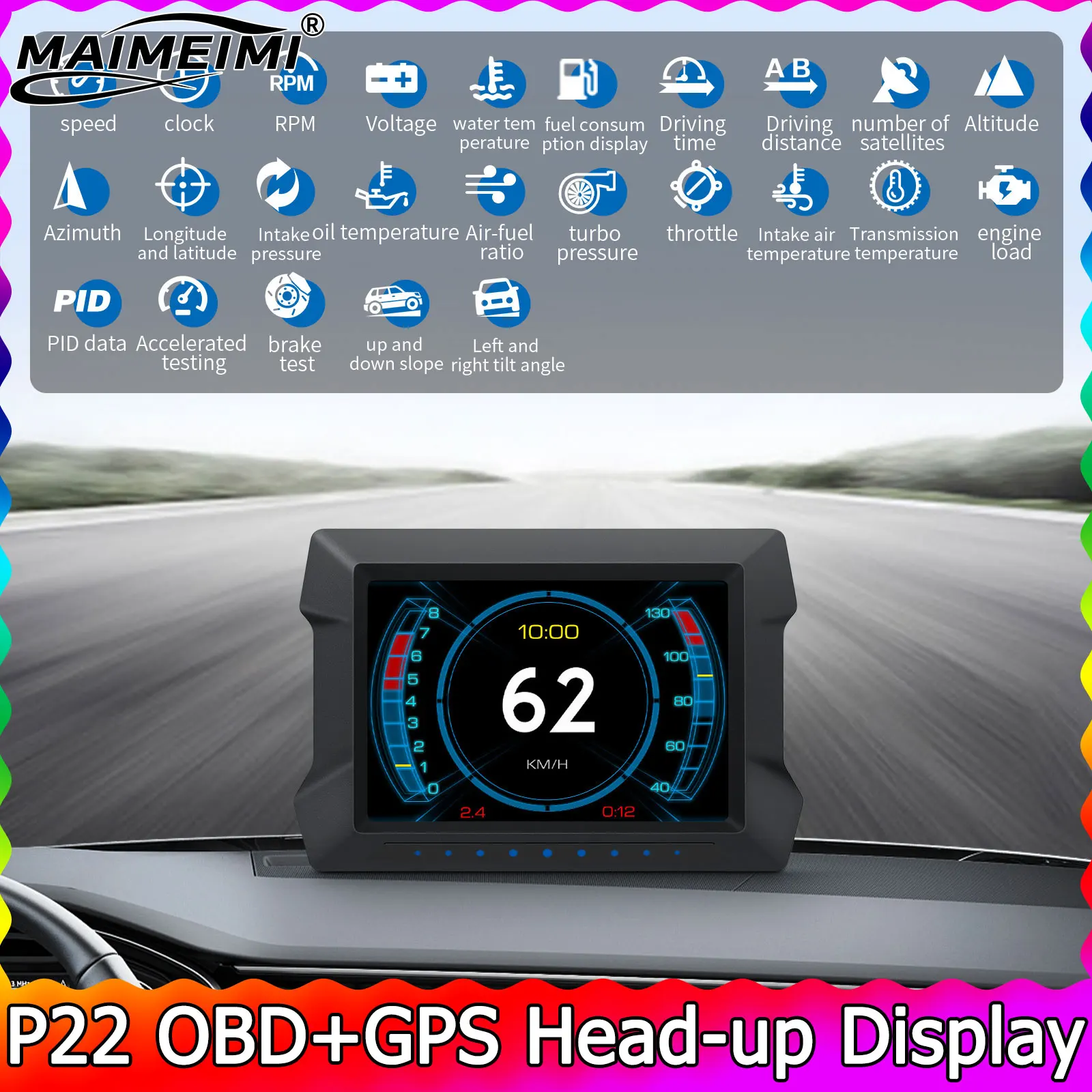 

P22 OBD2 GPS HUD Head-up Display Speedometer with Alarm Water Temperature Voltage Fuel Consumption Clock Car LCD Customized