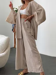 2024 New Womans Suit Autumn Cotton Fashion Two-piece Women's Spring Homewear Bat Sleeve Cardigan + Wide Leg Pants Suit Ladies