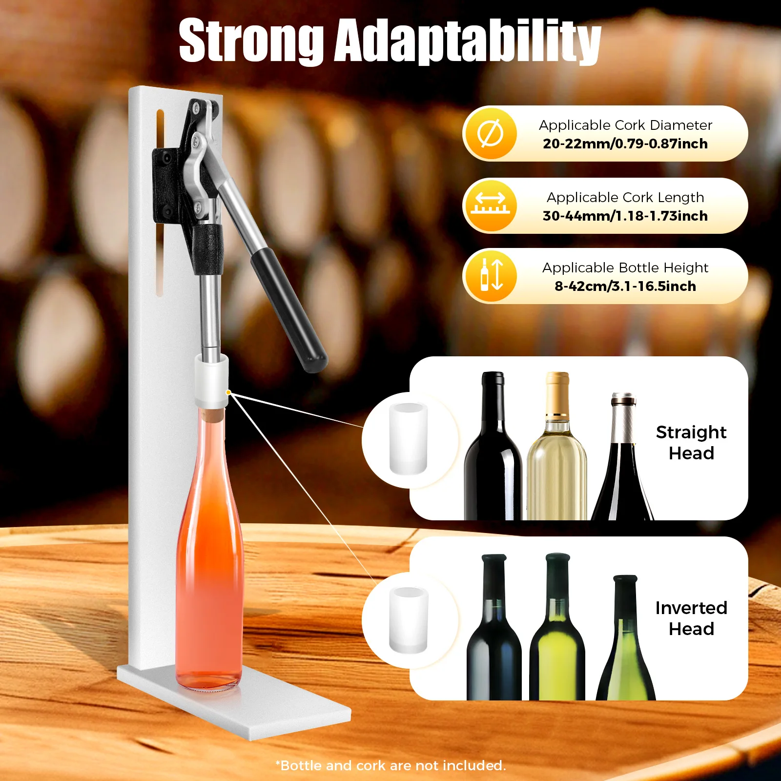 

Silver Manual Wine Bottle Cork Machine 300 Bottles/Hour Height Adjustable with 2 POM Covers for Wineries,Bars,Restaurants,Hotels