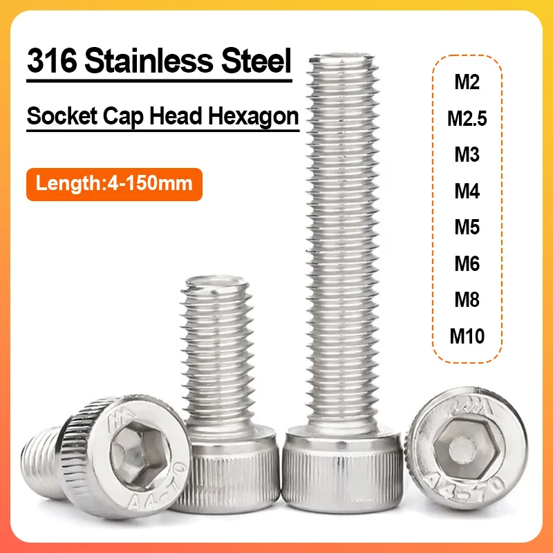 Marine 316 Stainless Steel DIN912 Hexagon Socket Cap Head Bolt Extra Long Cylinder Machine Screw M2 M2.5 M3 M4 M5 M6 M8 M10