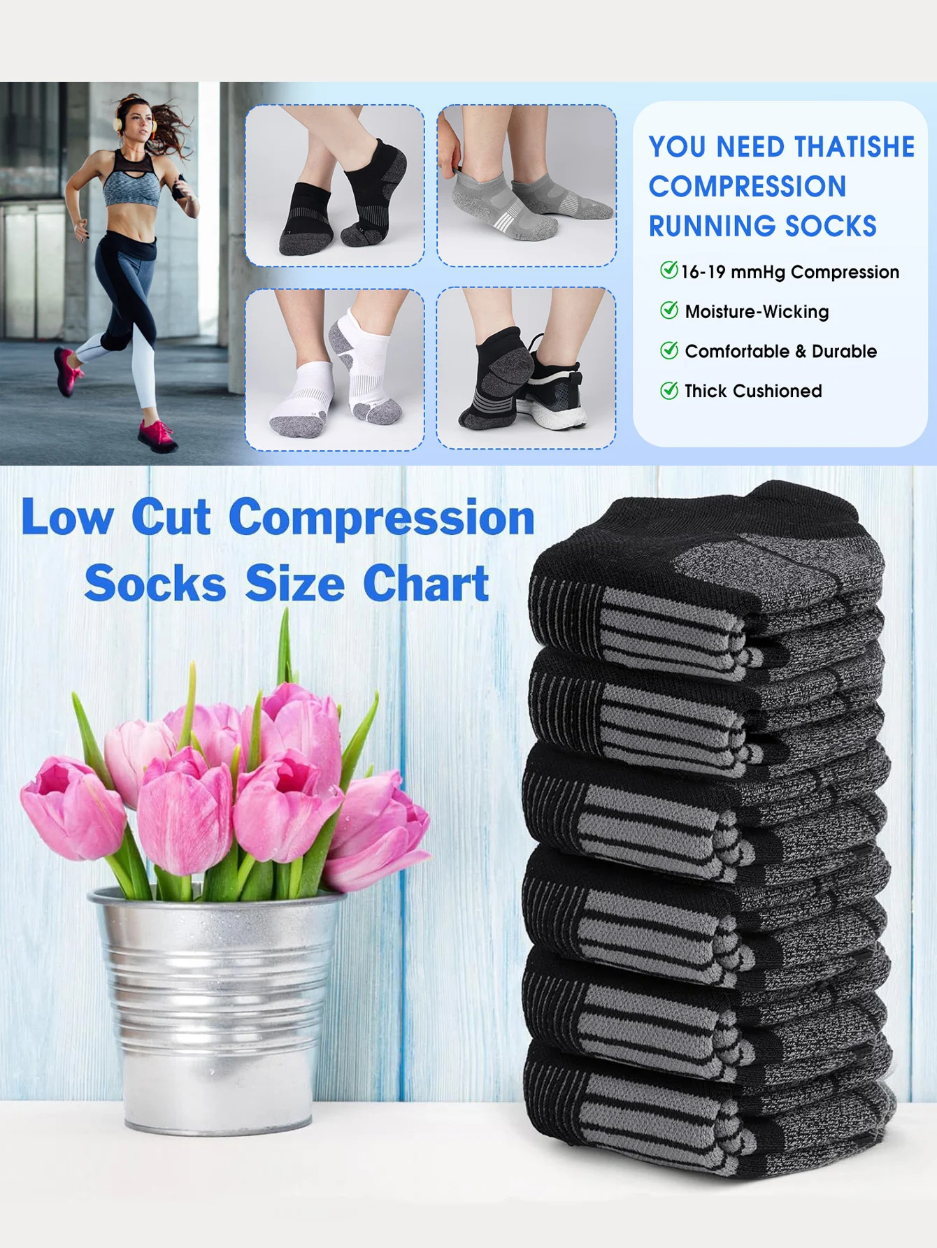 Men's Ankle Socks 6/12 Pairs Black White Grey Heel Tab Thick Cushioned Sweat Wicking Breathable Antislip Running Sports Socks view 4