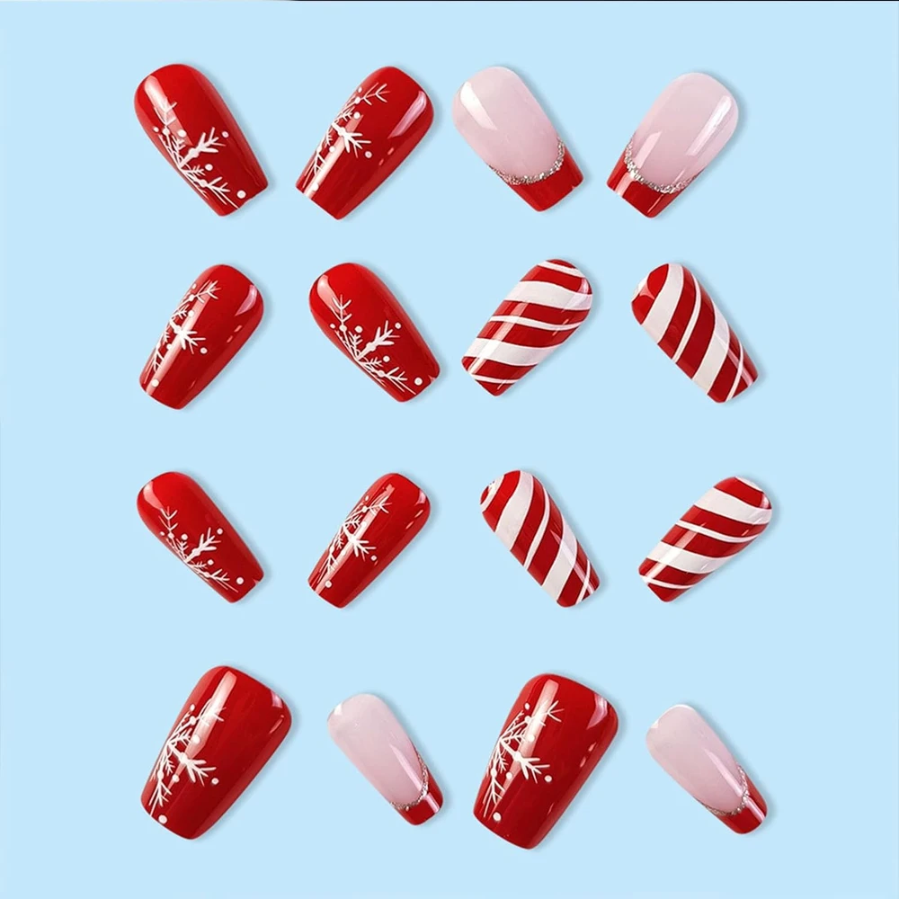 24pcs Red French Glitter Snowflake Fake Nails For Christmas 3D Red White Lines Design Press On Nails Short Coffin For Women Deco